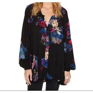 Free People Meadow Lark Tunic Top Womens XS Dark Floral Blouse Boho Flowy Artsy